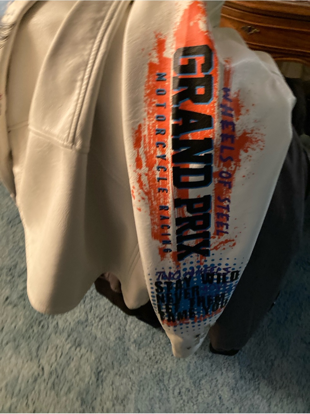 Fox White Bomber Jacket with Orange and Blue Graphics